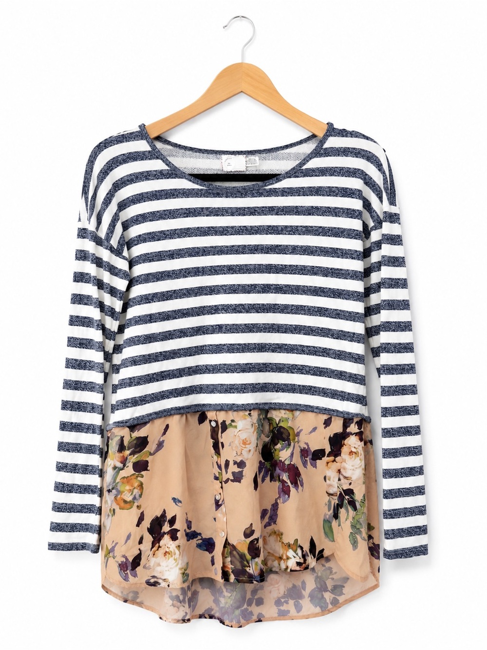 9-H15 STCL Navy & White Layered Top with Floral Hem Small Romantic Cottagecore